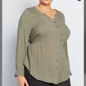 MODCLOTH Olive Trusty Travel button up tie waist long sleeve shirt NWOT Sz L
